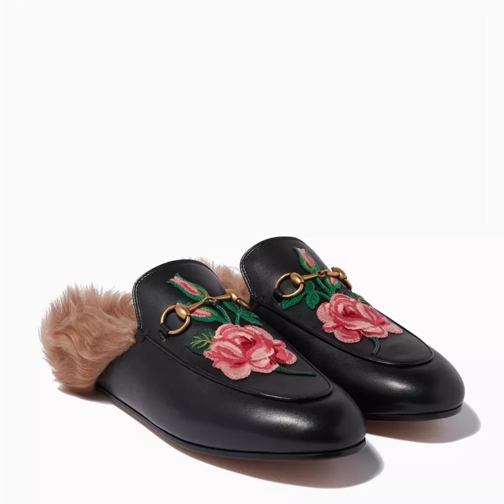 New Gucci Princetown Horsebit fur Mules Lined black Embroidered Flower size 35 - Picture 1 of 14